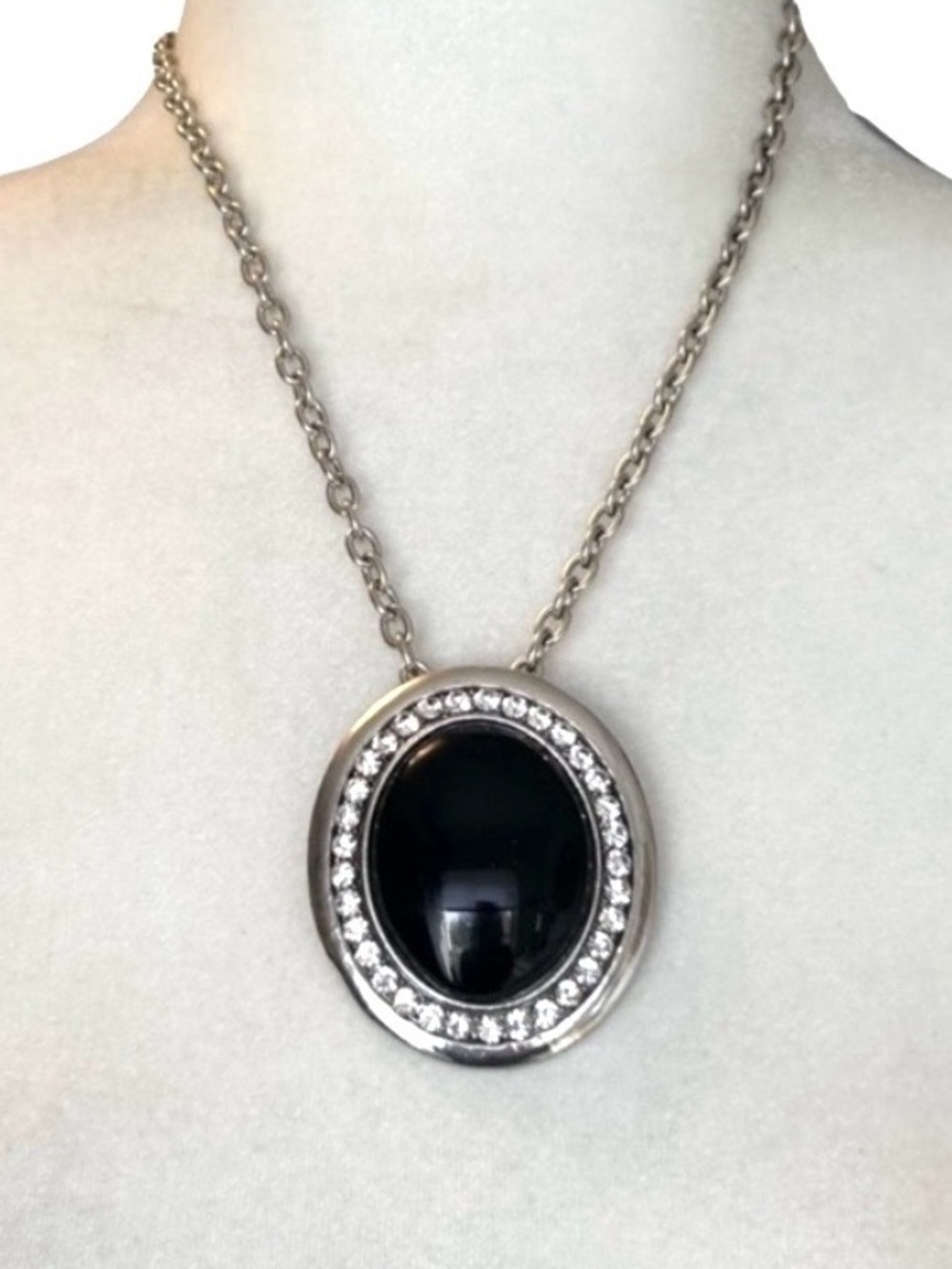 Black Clear Crystal Silver Tone Pendant Statement Necklace